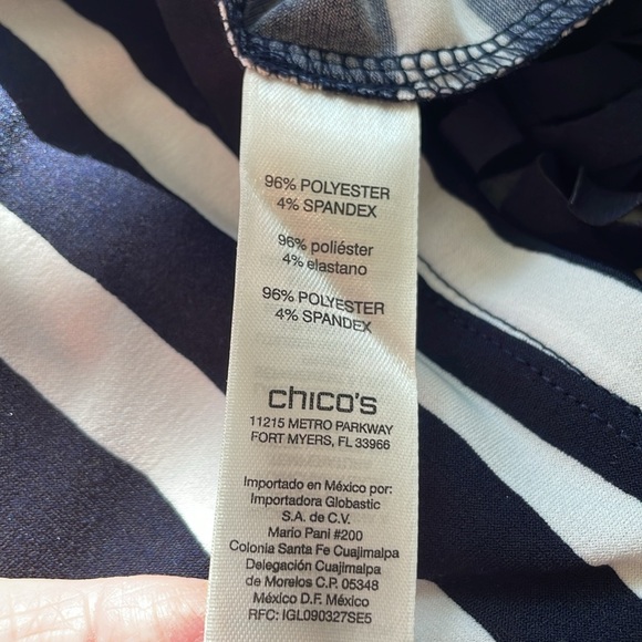 Chico’s Size 2, 12/14, Navy Fringed Scoop Neck Top with Short Sleeves. - Picture 8 of 11